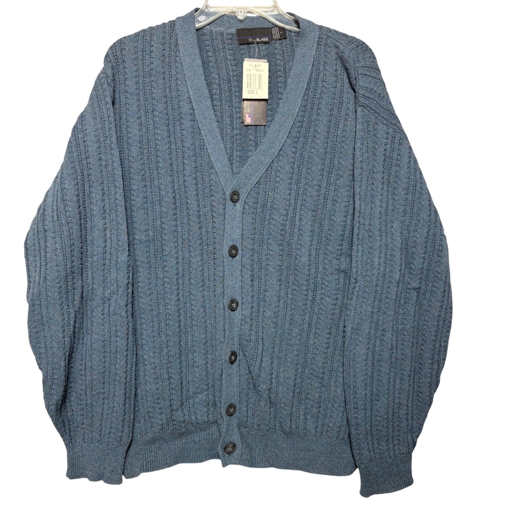 Bill Blass Cable Knit Cardigan Sweater Mens L Blue Vintage 90s USA Made NOS